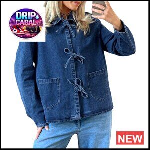 Women's Denim Jacket Tie Front Long Sleeve Shacket with Pockets